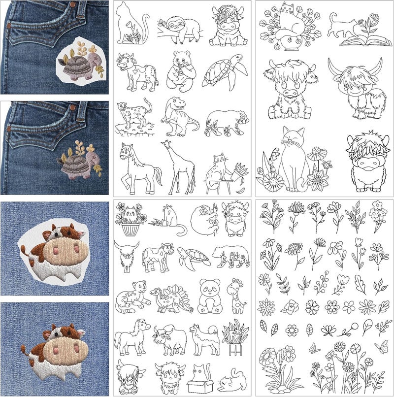 CRASHOT Water Soluble Embroidery Patterns - Stick & Stitch Embroidery Paper Wash Away, 4 Sheet Stabilizer for Embroidery, Flower Highland Cow Cat Bear Dinosaur Horse Animal Style, Hand Sewing Lover Gifts - Image 1